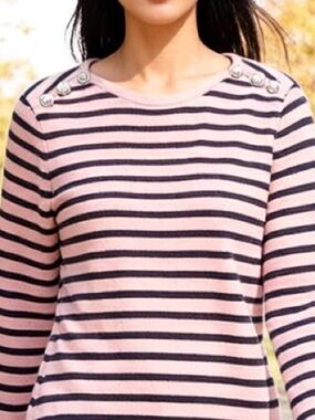 Karl Lagerfeld Pink and Black Crew Neck Sweater with Silver Logo Button Accents